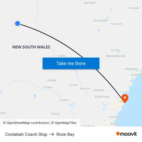 Coolabah Coach Stop to Rose Bay map