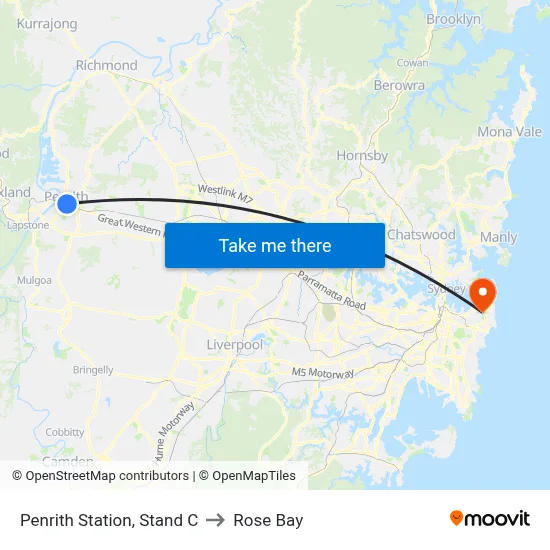 Penrith Station, Stand C to Rose Bay map