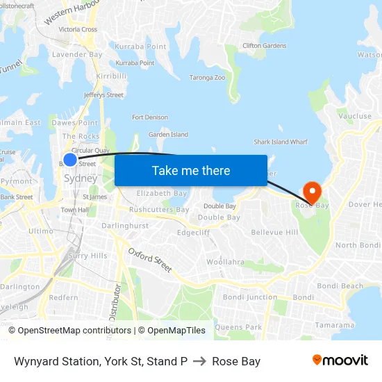 Wynyard Station, York St, Stand P to Rose Bay map