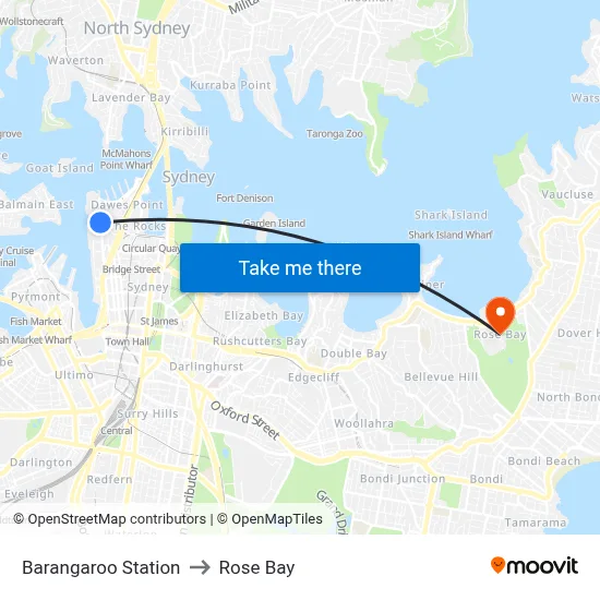 Barangaroo Station to Rose Bay map