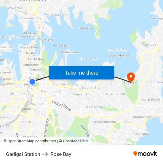 Gadigal Station to Rose Bay map