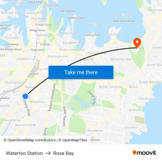 Waterloo Station to Rose Bay map
