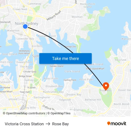 Victoria Cross Station to Rose Bay map