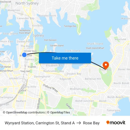 Wynyard Station, Carrington St, Stand A to Rose Bay map