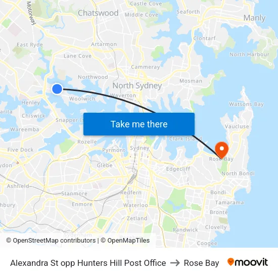 Alexandra St opp Hunters Hill Post Office to Rose Bay map