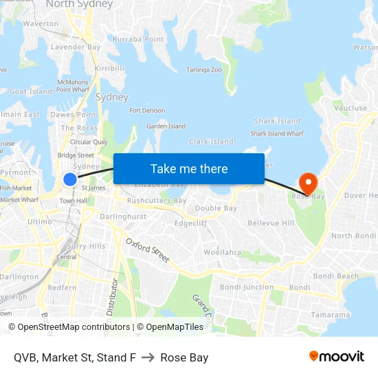 QVB, Market St, Stand F to Rose Bay map