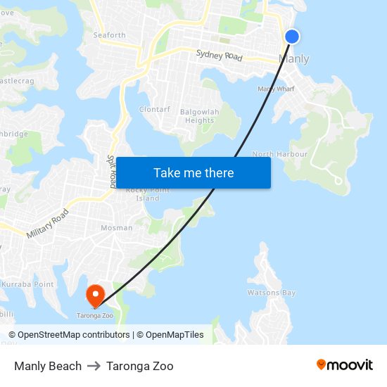 Manly Beach to Taronga Zoo map