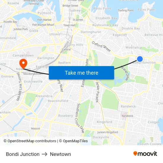 Bondi Junction to Newtown map
