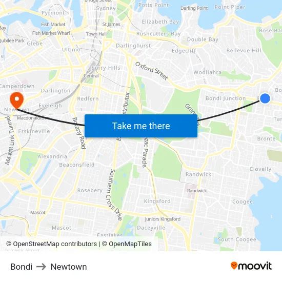 Bondi to Newtown map