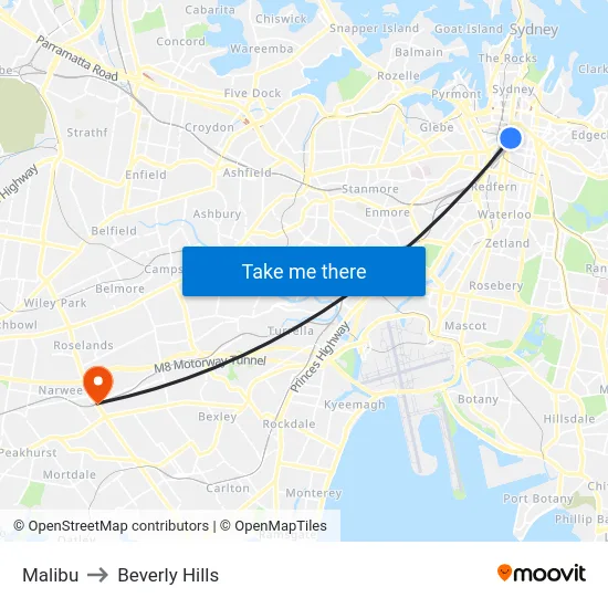 Malibu to Beverly Hills map