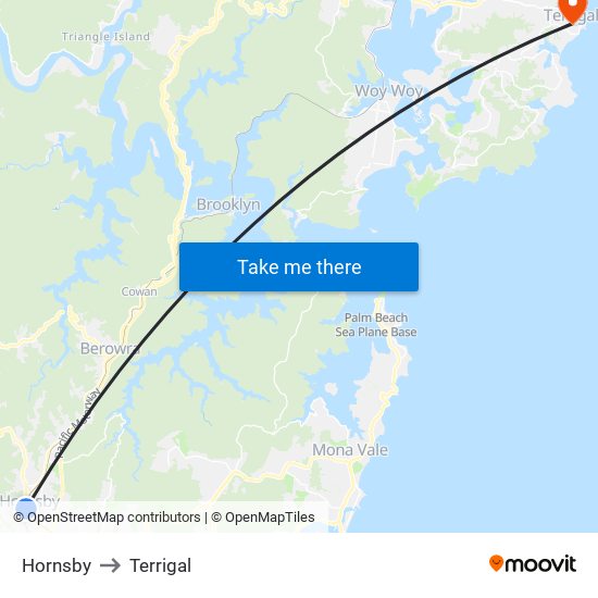 Hornsby to Terrigal map