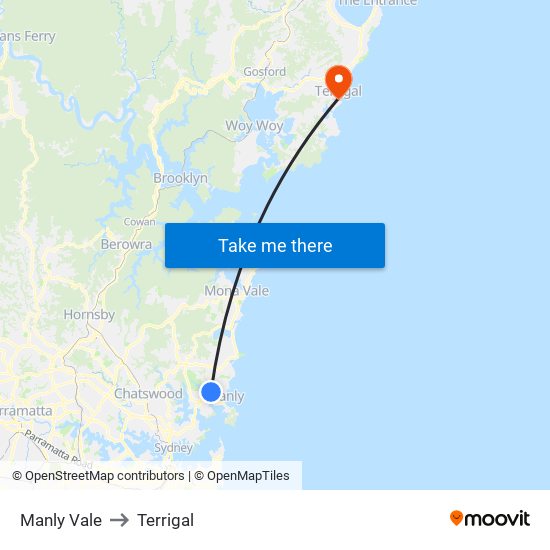 Manly Vale to Terrigal map