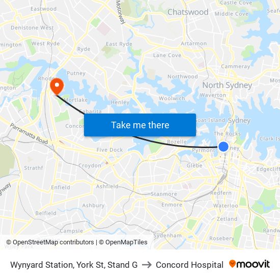 Wynyard Station, York St, Stand G to Concord Hospital map