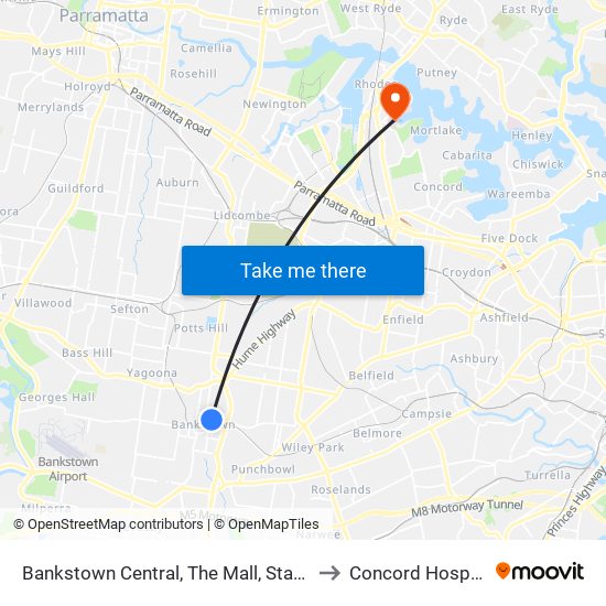 Bankstown Central, The Mall, Stand C to Concord Hospital map