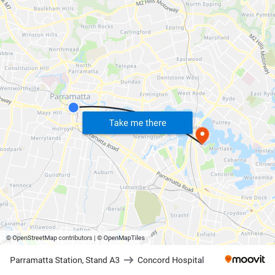 Parramatta Station, Stand A3 to Concord Hospital map