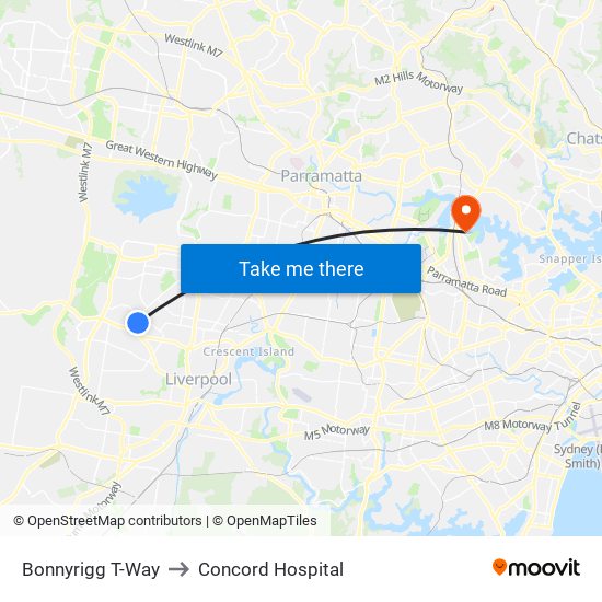 Bonnyrigg T-Way to Concord Hospital map