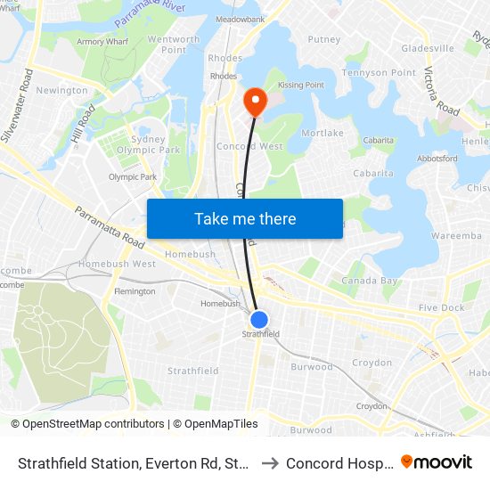 Strathfield Station, Everton Rd, Stand B to Concord Hospital map