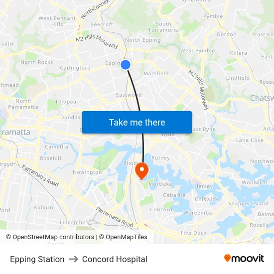 Epping Station to Concord Hospital map