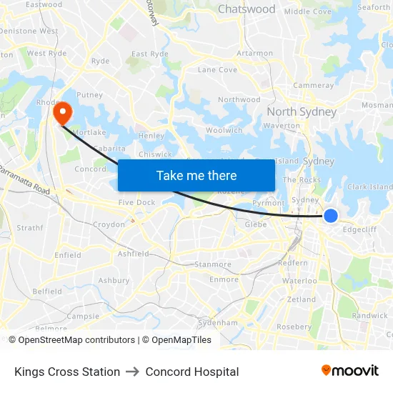 Kings Cross Station to Concord Hospital map