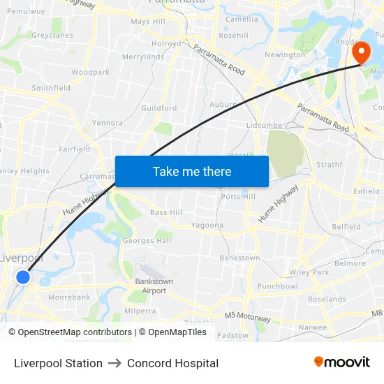 Liverpool Station to Concord Hospital map