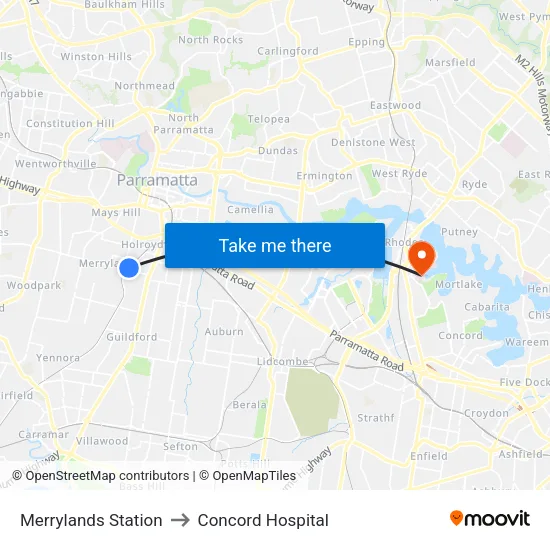 Merrylands Station to Concord Hospital map