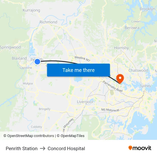 Penrith Station to Concord Hospital map