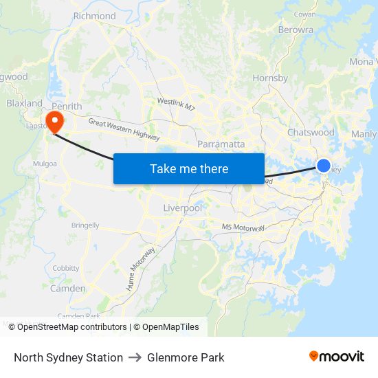 North Sydney Station to Glenmore Park map