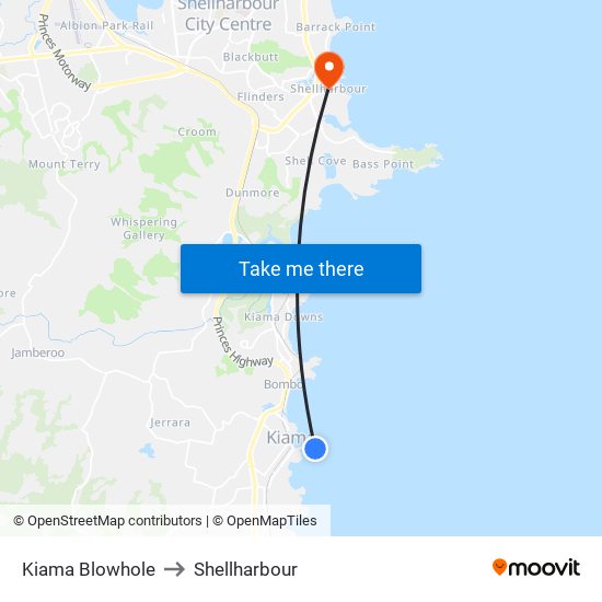 Kiama Blowhole to Shellharbour map