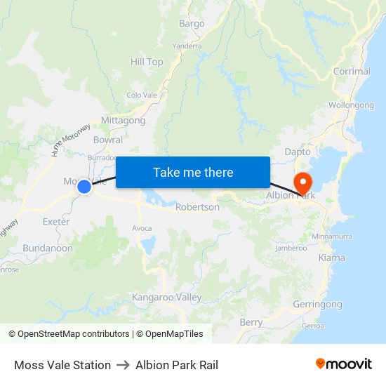 Moss Vale Station to Albion Park Rail map