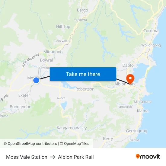 Moss Vale Station to Albion Park Rail map