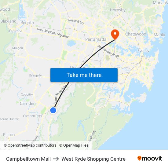 Campbelltown Mall to West Ryde Shopping Centre map