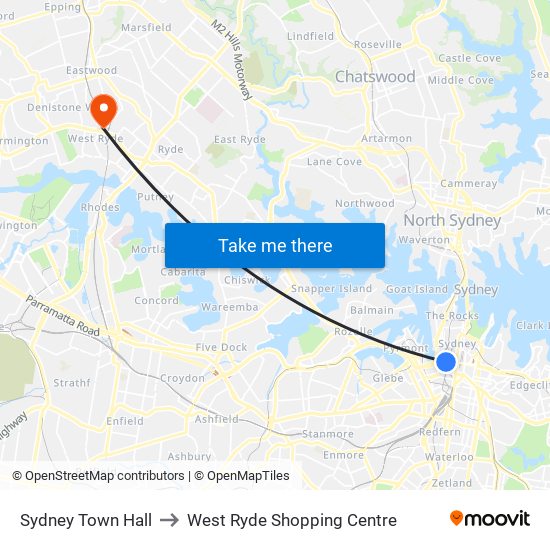 Sydney Town Hall to West Ryde Shopping Centre map