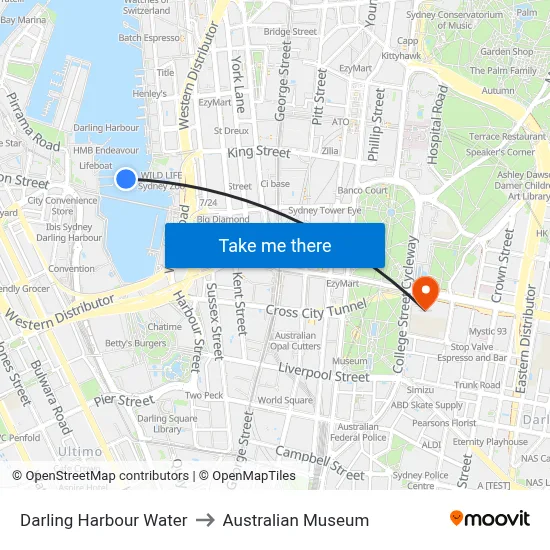 Darling Harbour Water to Australian Museum map