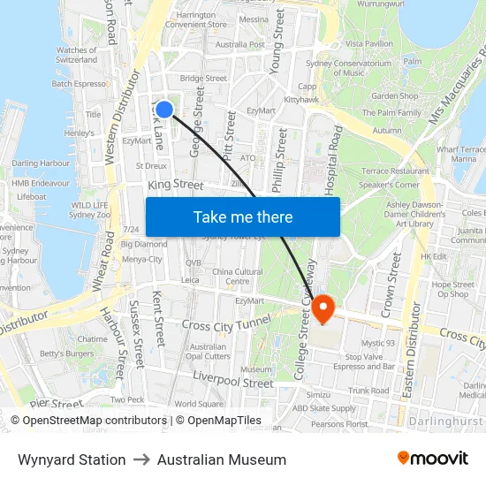 Wynyard Station to Australian Museum map