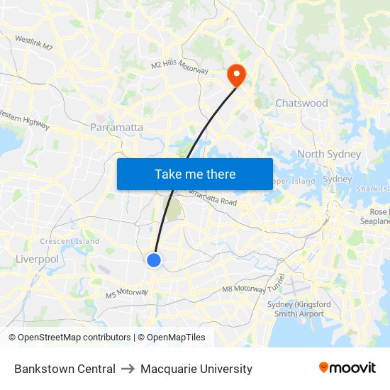 Bankstown Central to Macquarie University map