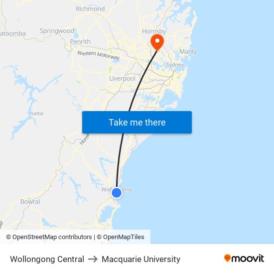 Wollongong Central to Macquarie University map