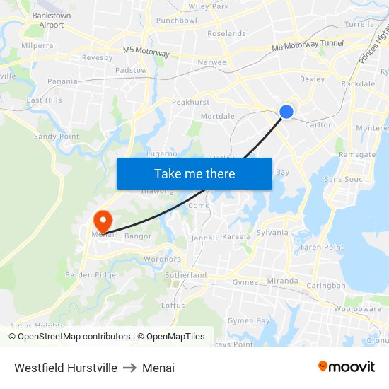 Westfield Hurstville to Menai map