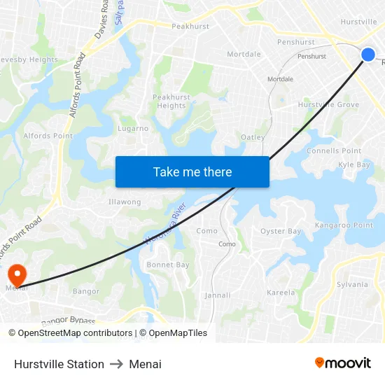 Hurstville Station to Menai map
