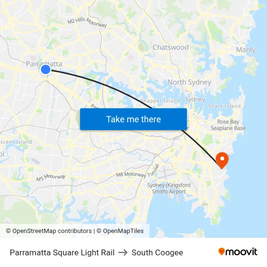 Parramatta Square Light Rail to South Coogee map