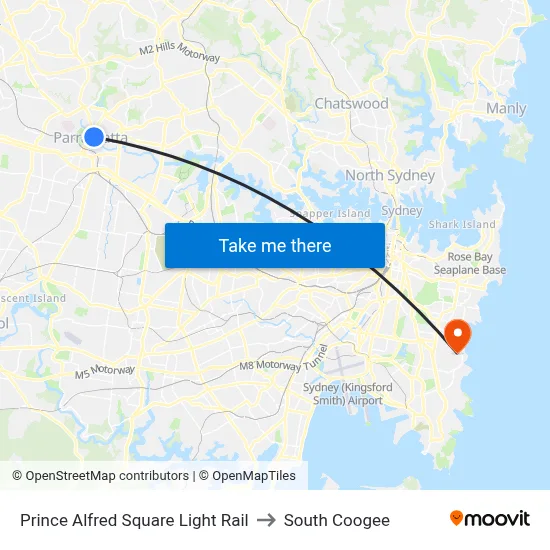 Prince Alfred Square Light Rail to South Coogee map