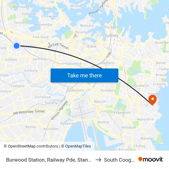 Burwood Station, Railway Pde, Stand C to South Coogee map