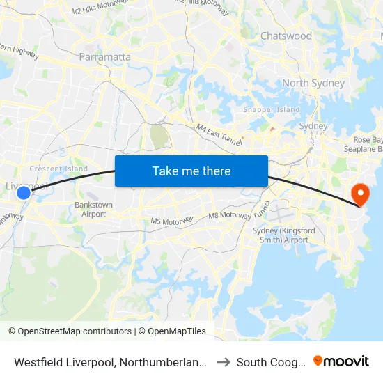 Westfield Liverpool, Northumberland St to South Coogee map