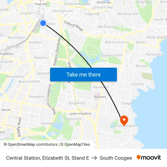 Central Station, Elizabeth St, Stand E to South Coogee map