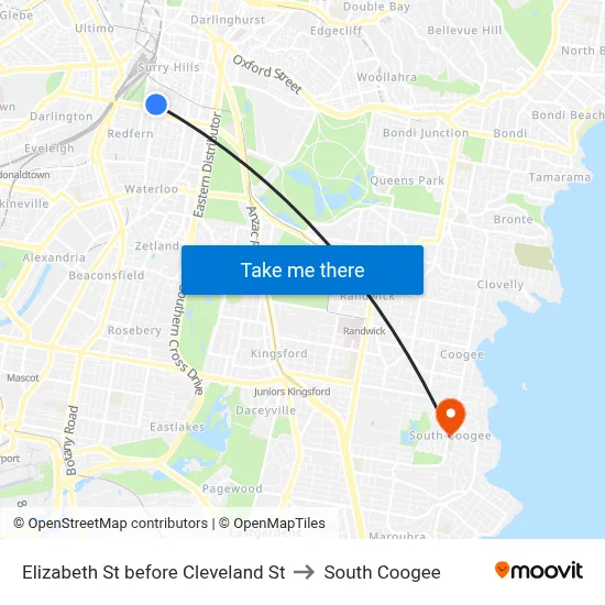 Elizabeth St before Cleveland St to South Coogee map