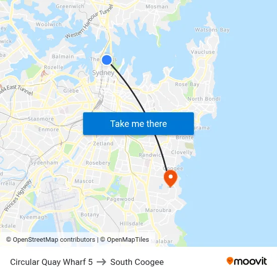 Circular Quay Wharf 5 to South Coogee map