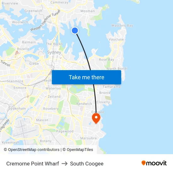 Cremorne Point Wharf to South Coogee map