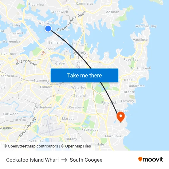 Cockatoo Island Wharf to South Coogee map