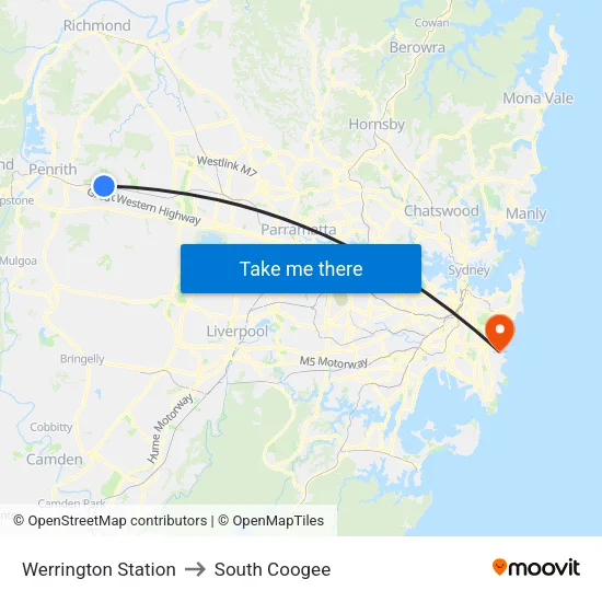 Werrington Station to South Coogee map