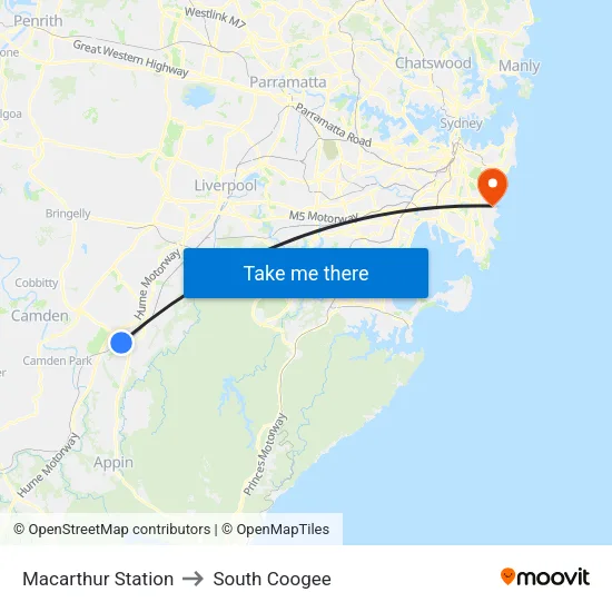 Macarthur Station to South Coogee map