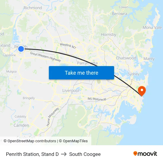 Penrith Station, Stand D to South Coogee map